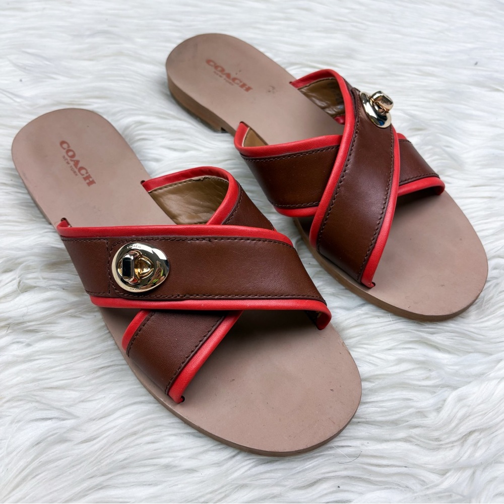 Coach Coral Turnlock Leather Slides Criss Cross Sandals Brown Orange Size 7.5 - Picture 2 of 8